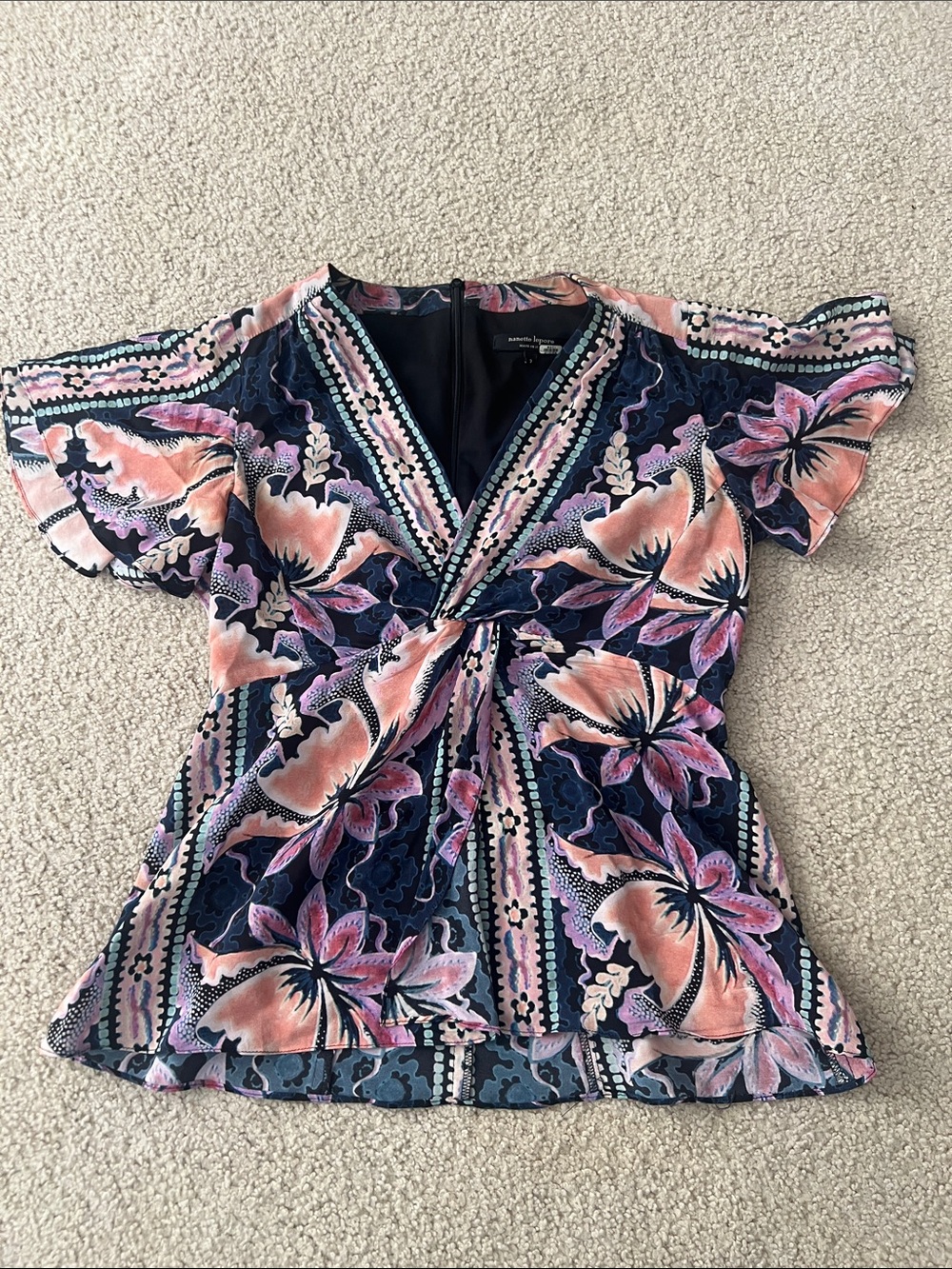 Silky Nanette Lenore Floral Twist Front Short Sleeve Top - Pink & Navy